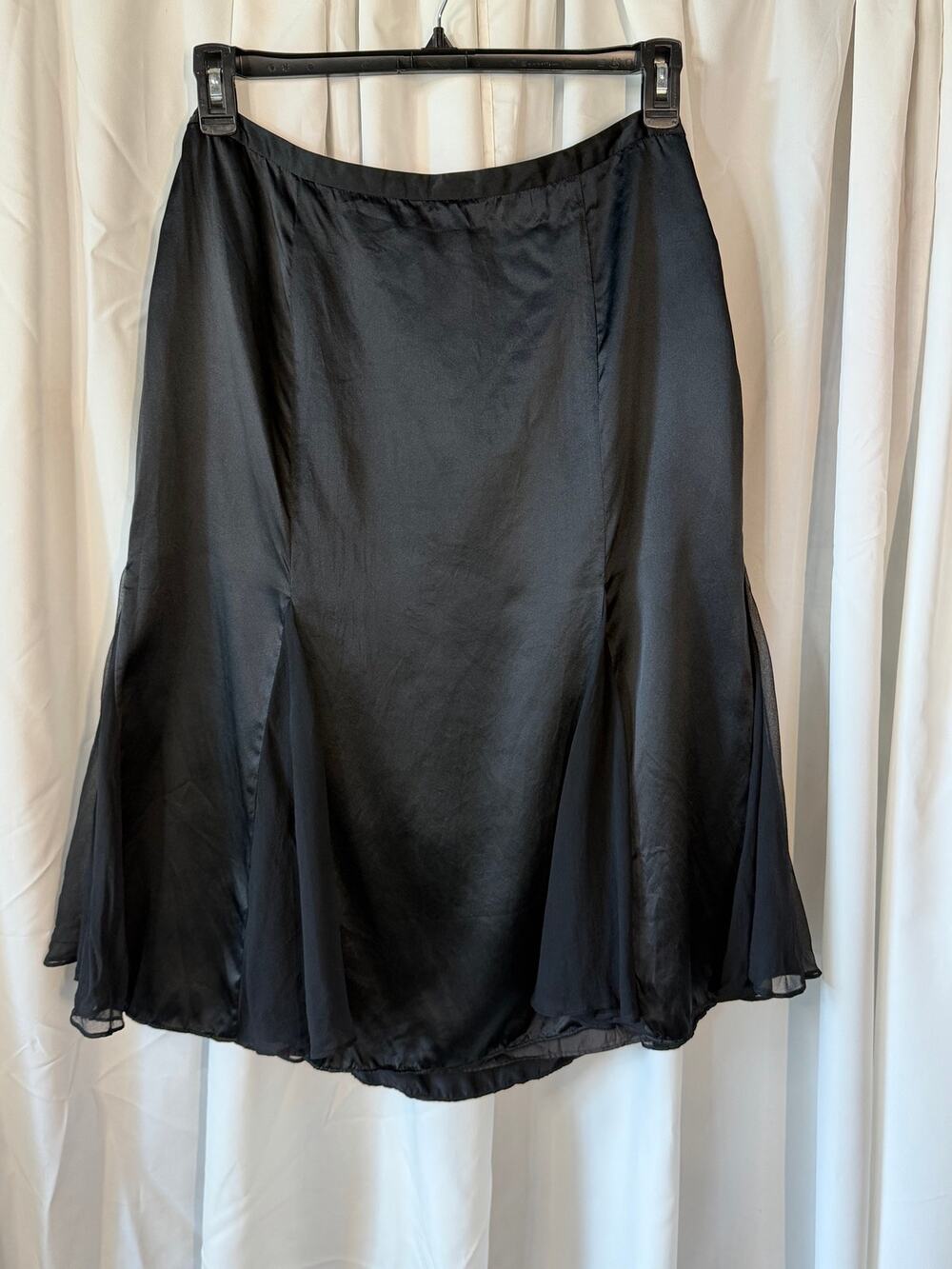 Vintage 100% Silk Black Flared Midi Skirt Size L Whimsigoth GothGlam OfficeSiren